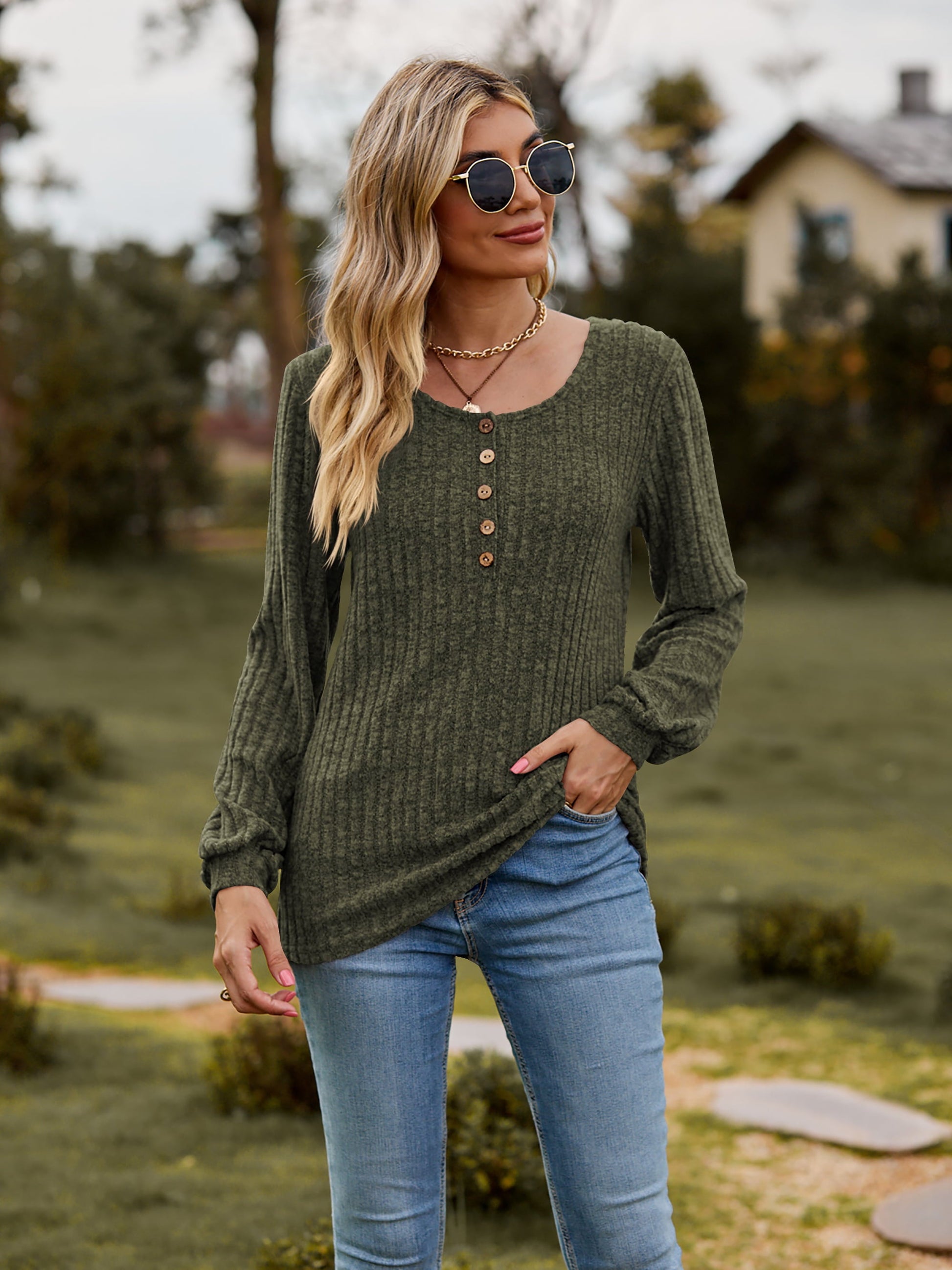 Round Neck Button-Down Long Sleeve Tee - Green / S - T-Shirts - Shirts & Tops - 21 - 2024