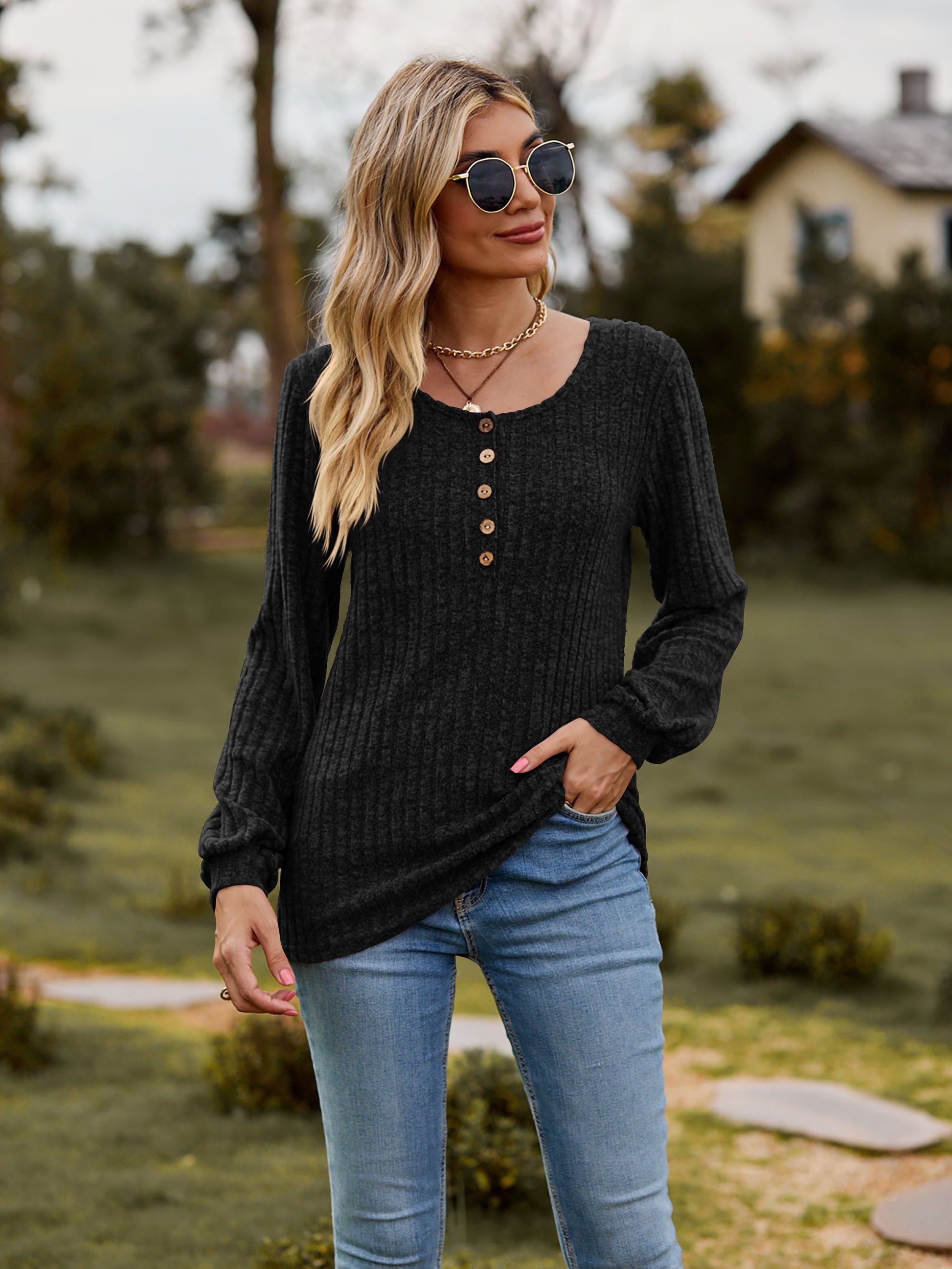 Round Neck Button-Down Long Sleeve Tee - Black / S - T-Shirts - Shirts & Tops - 17 - 2024