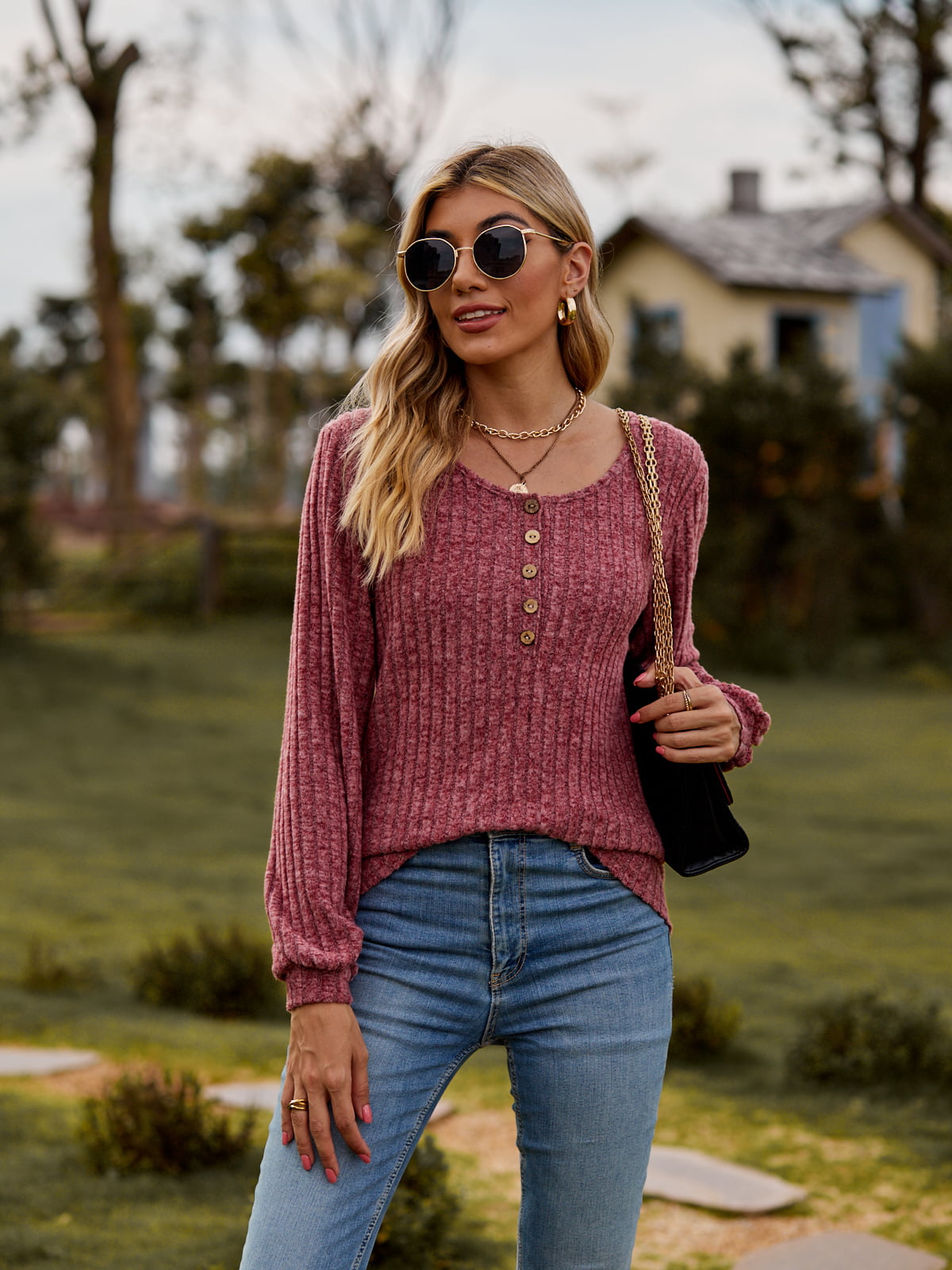 Round Neck Button-Down Long Sleeve Tee - T-Shirts - Shirts & Tops - 14 - 2024