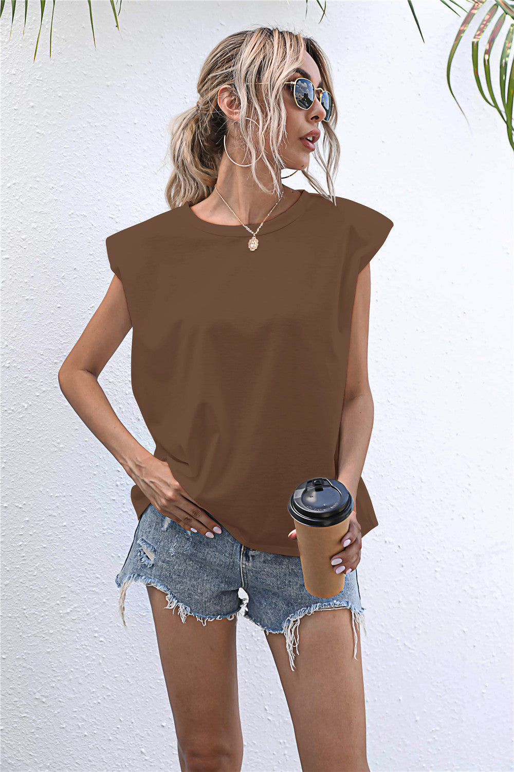 Round Neck Cap Sleeve Tee - Brown / S - T-Shirts - Shirts & Tops - 10 - 2024