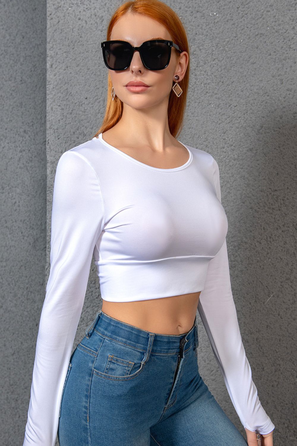 Round Neck Cropped Crisscross Back Long Sleeve Blouse - T-Shirts - Shirts & Tops - 3 - 2024