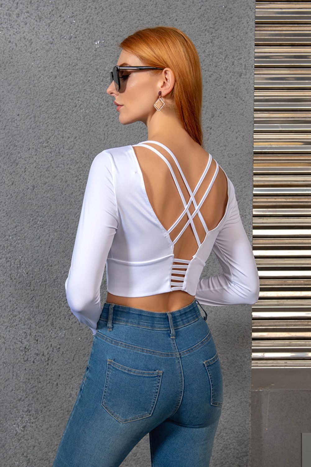 Round Neck Cropped Crisscross Back Long Sleeve Blouse - T-Shirts - Shirts & Tops - 2 - 2024