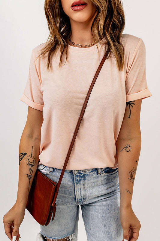 Round Neck Cuffed Short Sleeve Tee - Pink / S - T-Shirts - Shirts & Tops - 1 - 2024