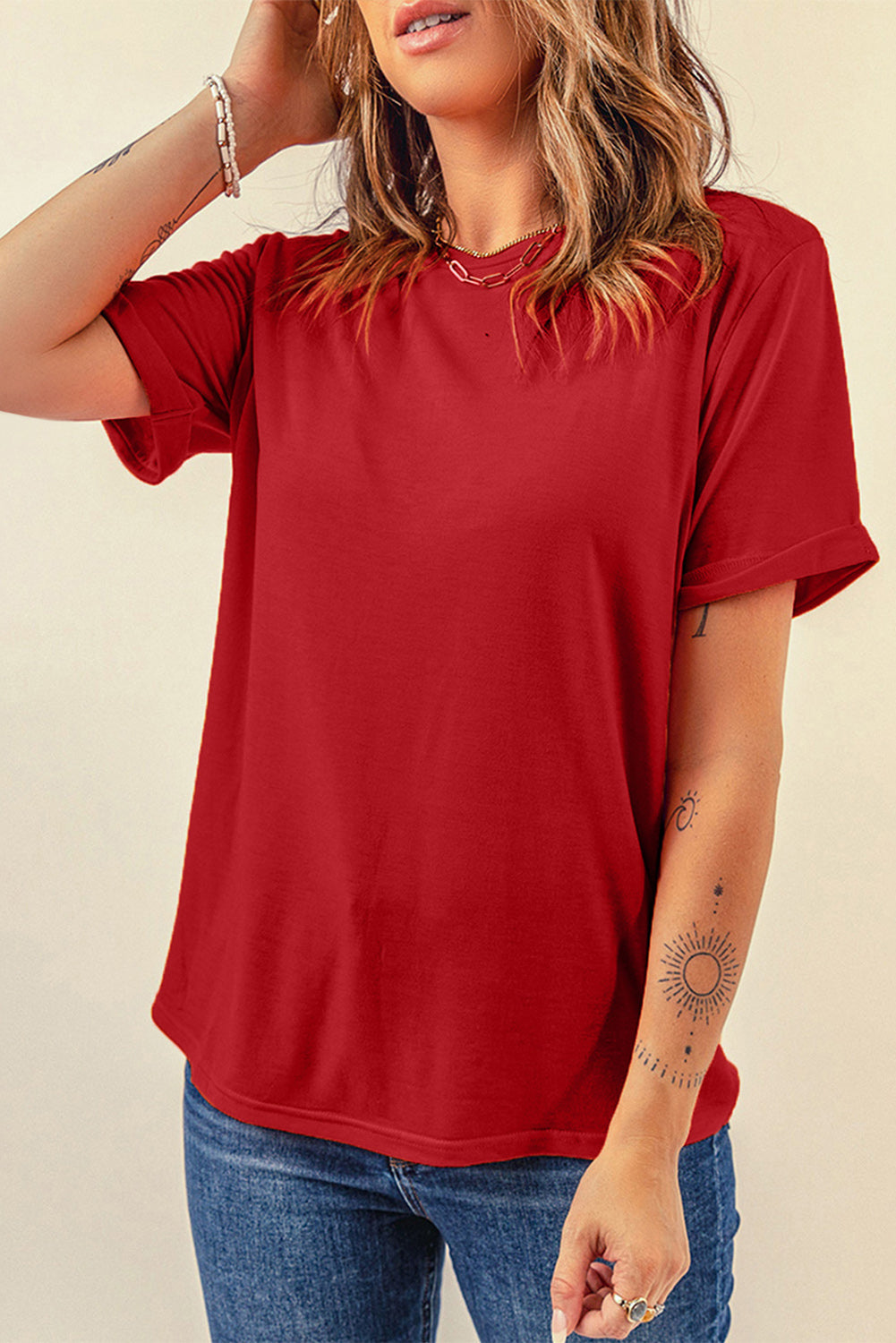 Round Neck Cuffed Short Sleeve Tee - T-Shirts - Shirts & Tops - 7 - 2024