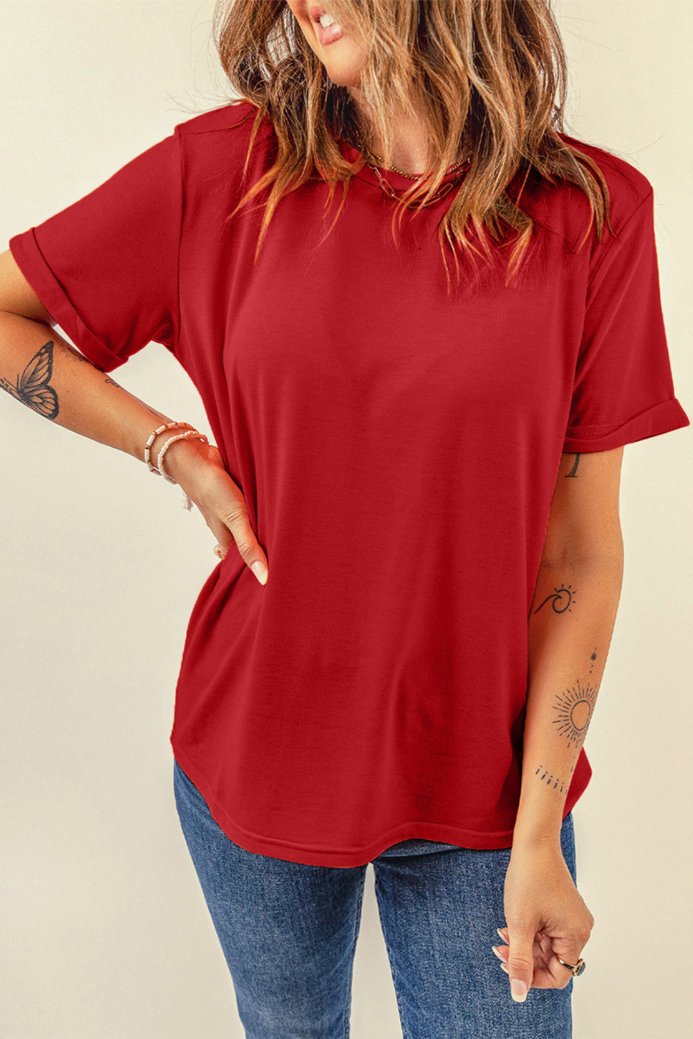 Round Neck Cuffed Short Sleeve Tee - Red / S - T-Shirts - Shirts & Tops - 5 - 2024