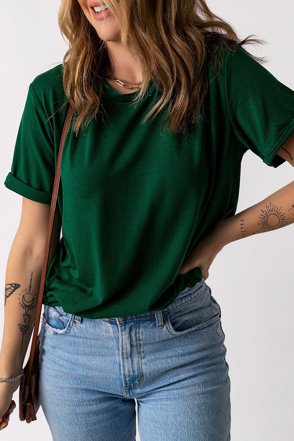 Round Neck Cuffed Short Sleeve Tee - Green / S - T-Shirts - Shirts & Tops - 11 - 2024
