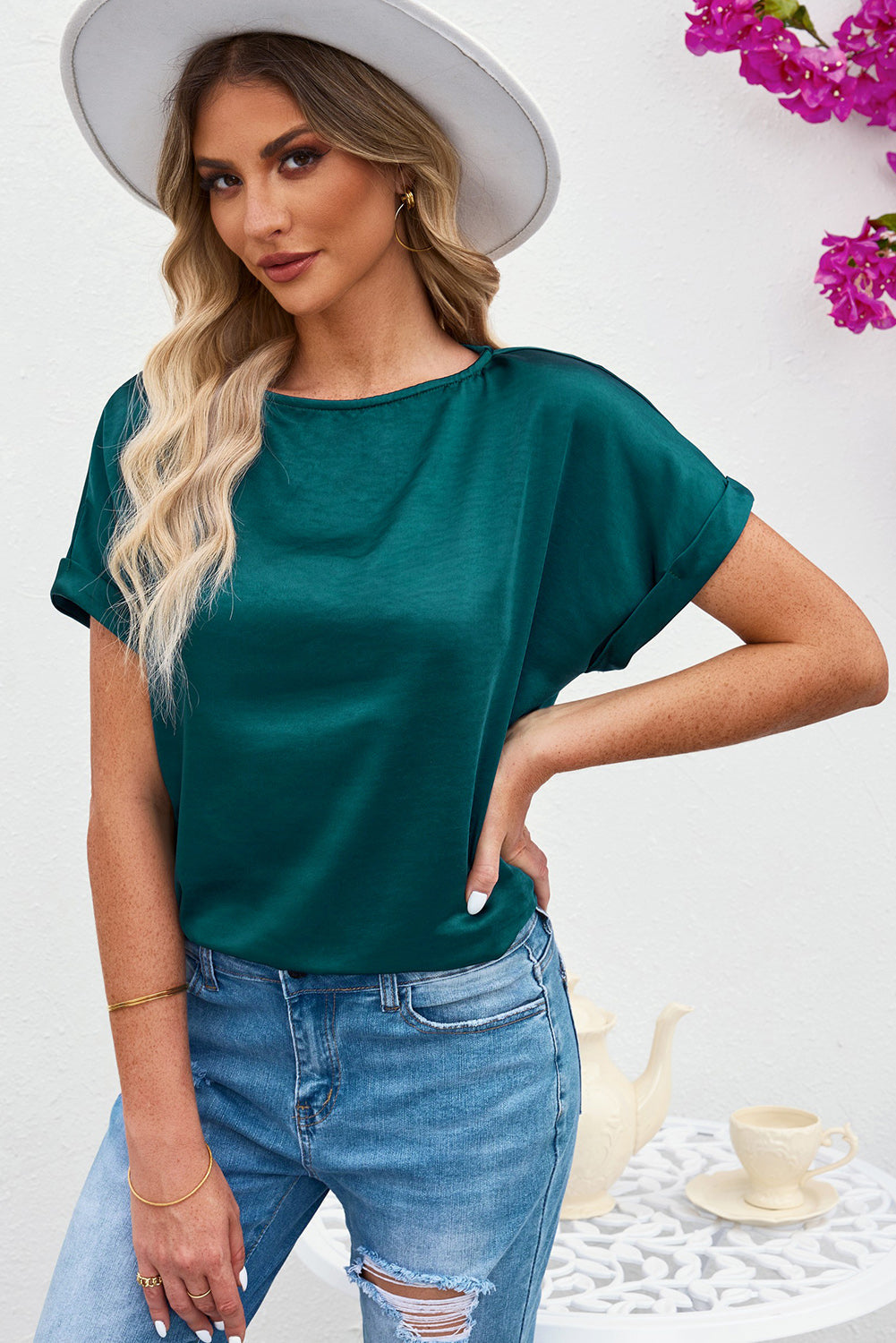 Round Neck Cuffed Sleeve Top - T-Shirts - Shirts & Tops - 4 - 2024
