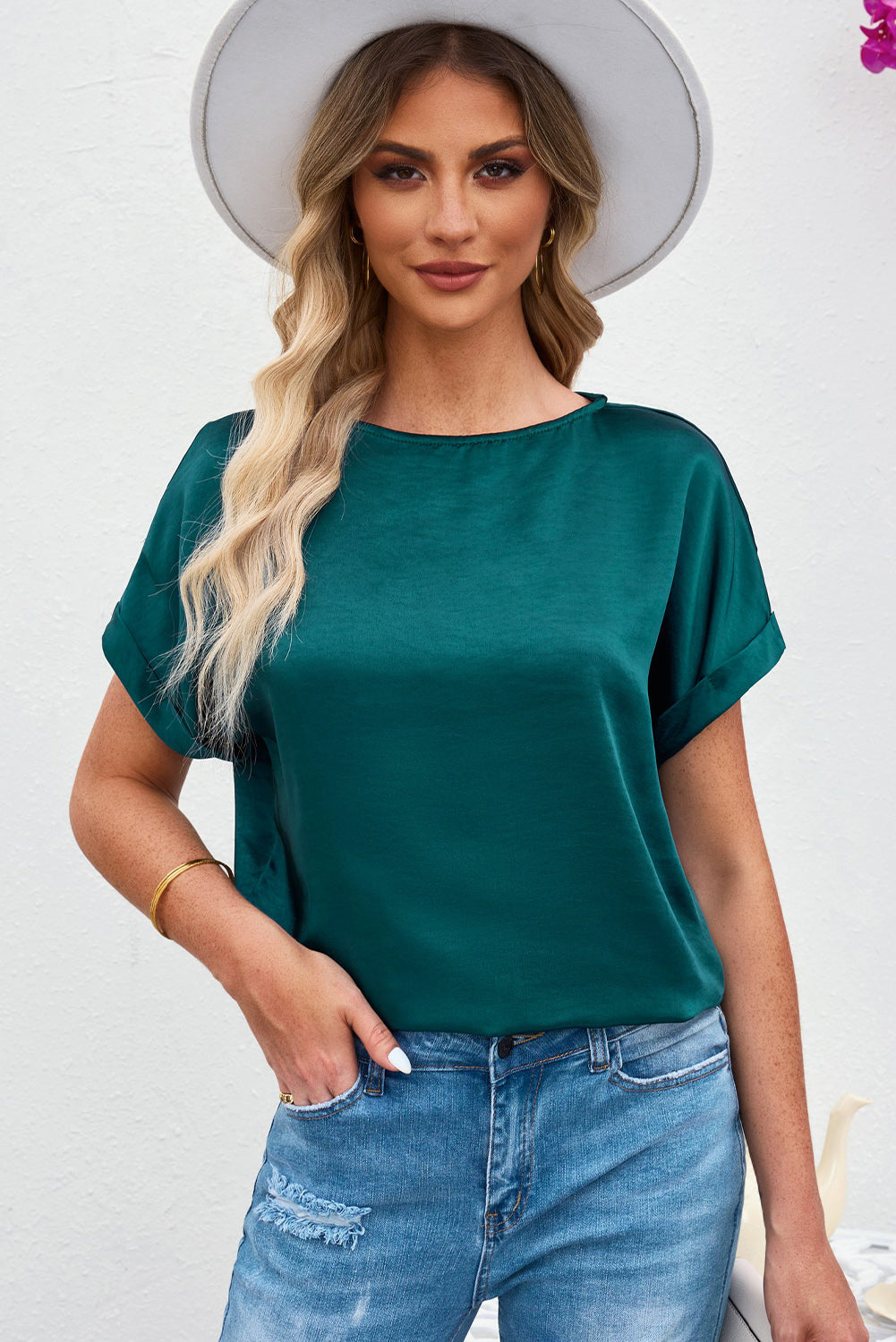 Round Neck Cuffed Sleeve Top - T-Shirts - Shirts & Tops - 7 - 2024
