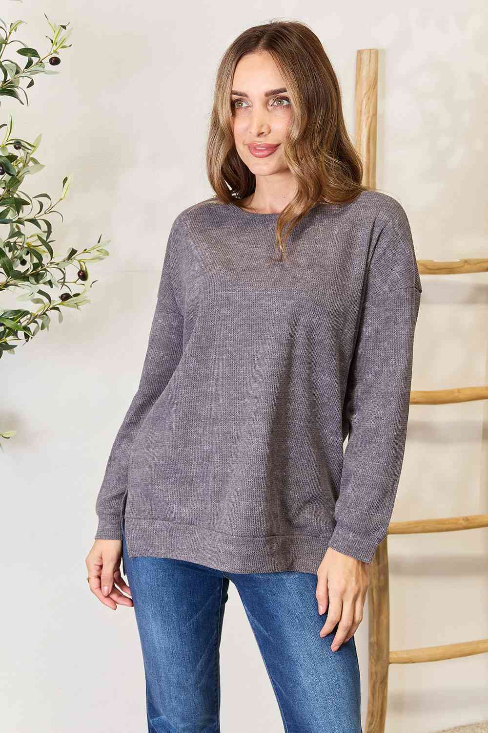 Round Neck Drop Shoulder Slit Sweatshirt - Charcoal / S - T-Shirts - Shirts & Tops - 1 - 2024