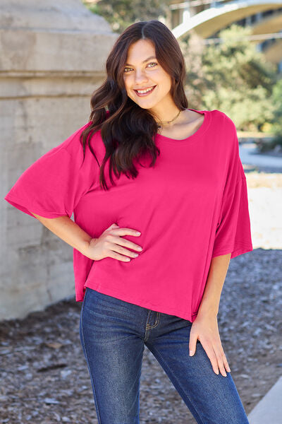 Round Neck Drop Shoulder T-Shirt - Deep Rose / S - T-Shirts - Shirts & Tops - 1 - 2024