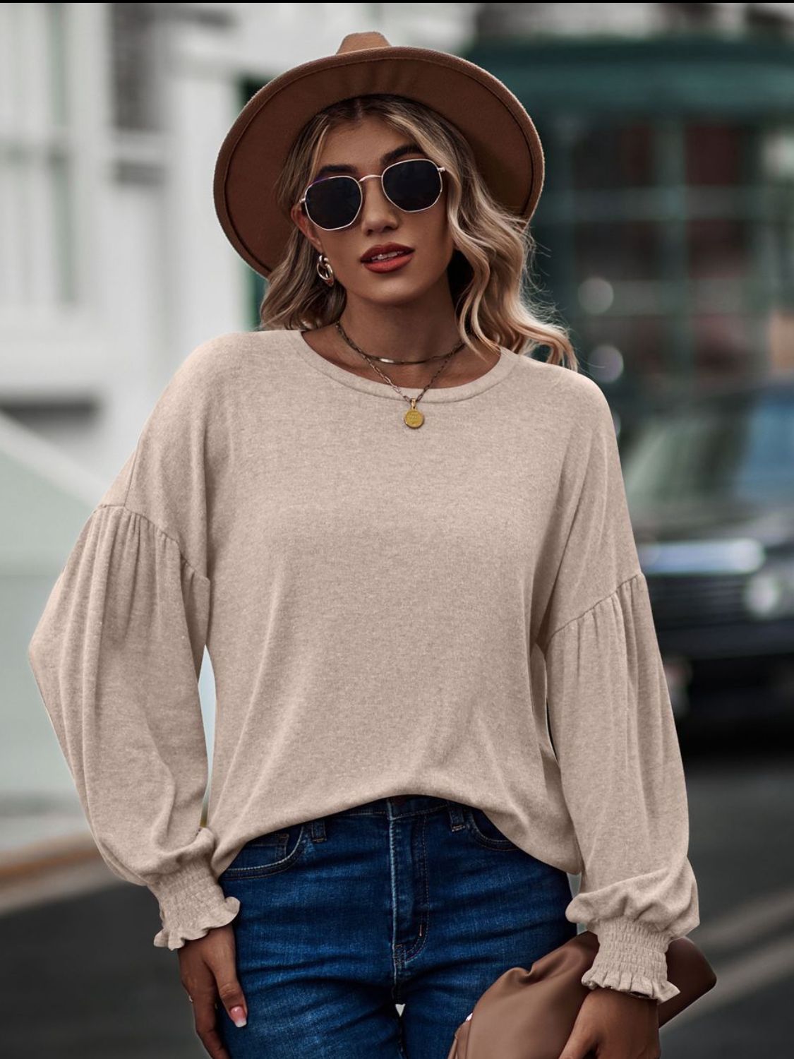 Round Neck Dropped Shoulder Flounce Sleeve T-Shirt - Beige / S - T-Shirts - Shirts & Tops - 13 - 2024