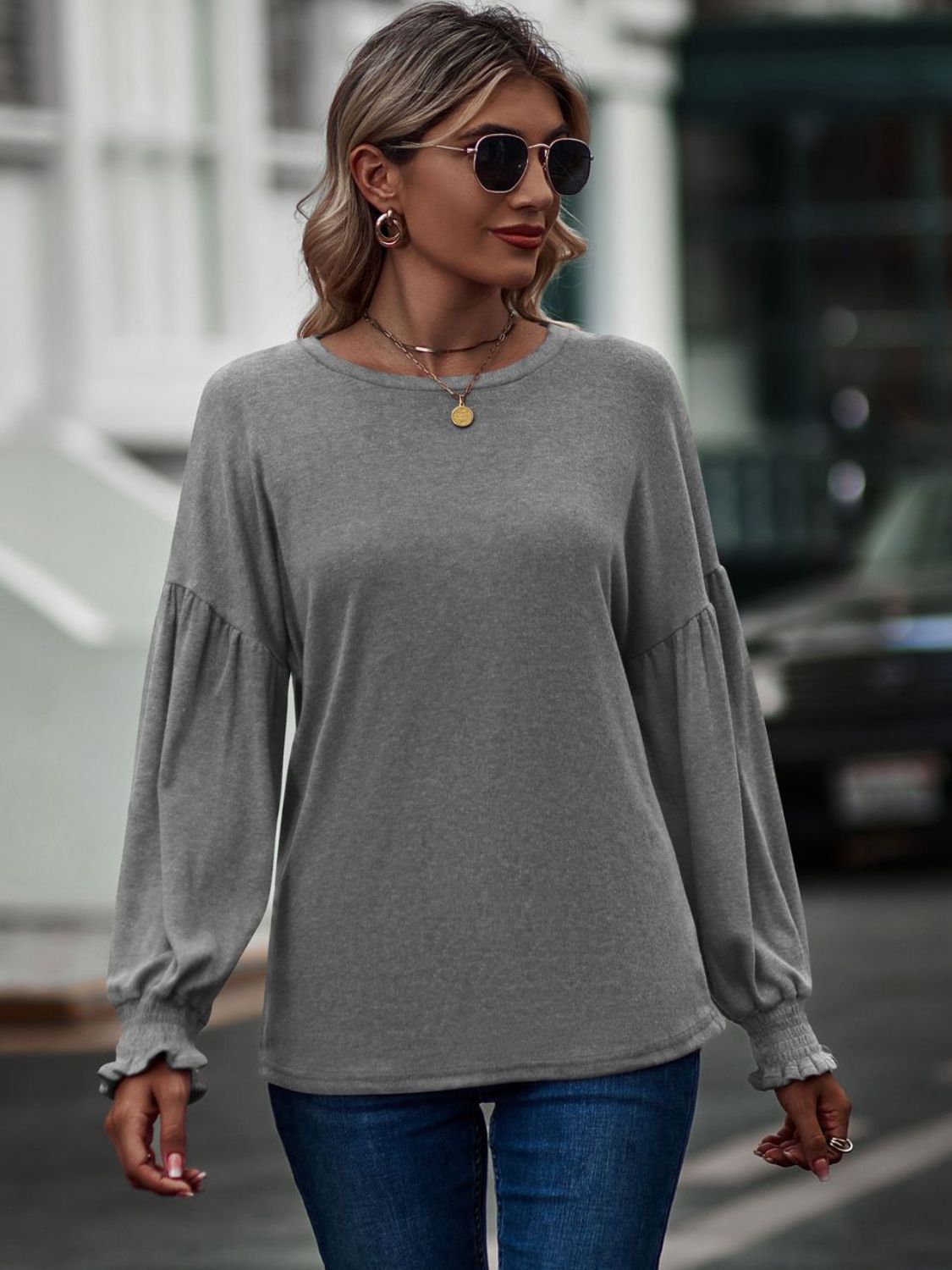 Round Neck Dropped Shoulder Flounce Sleeve T-Shirt - T-Shirts - Shirts & Tops - 11 - 2024
