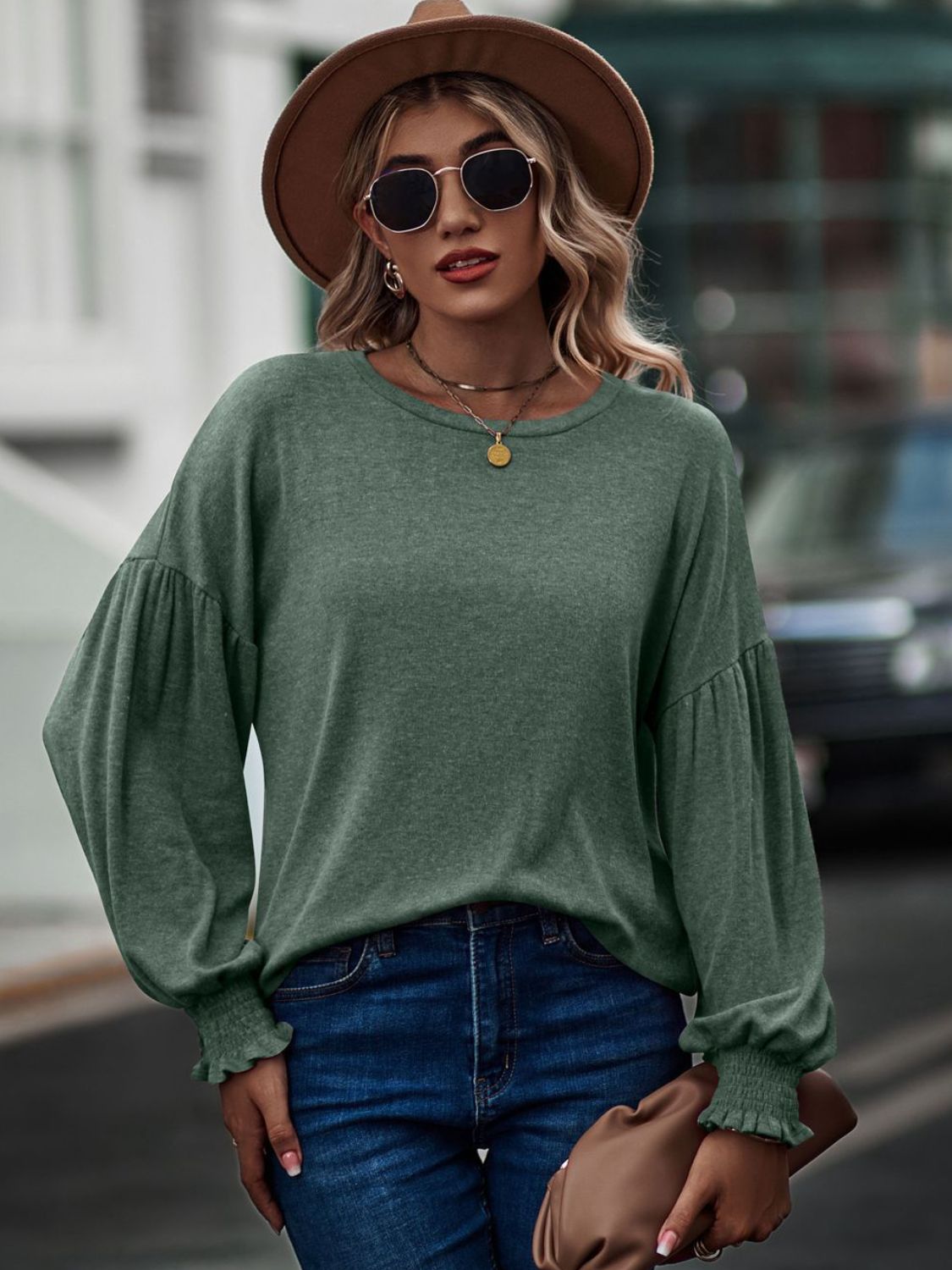 Round Neck Dropped Shoulder Flounce Sleeve T-Shirt - Green / S - T-Shirts - Shirts & Tops - 4 - 2024
