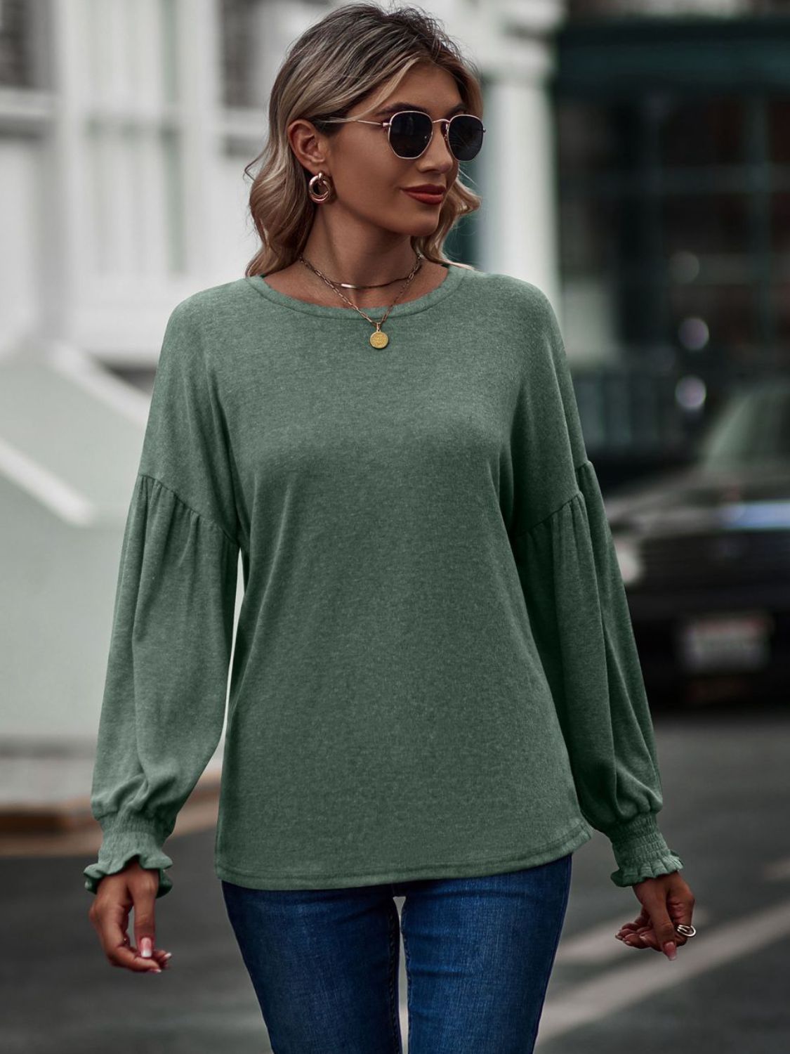 Round Neck Dropped Shoulder Flounce Sleeve T-Shirt - T-Shirts - Shirts & Tops - 5 - 2024