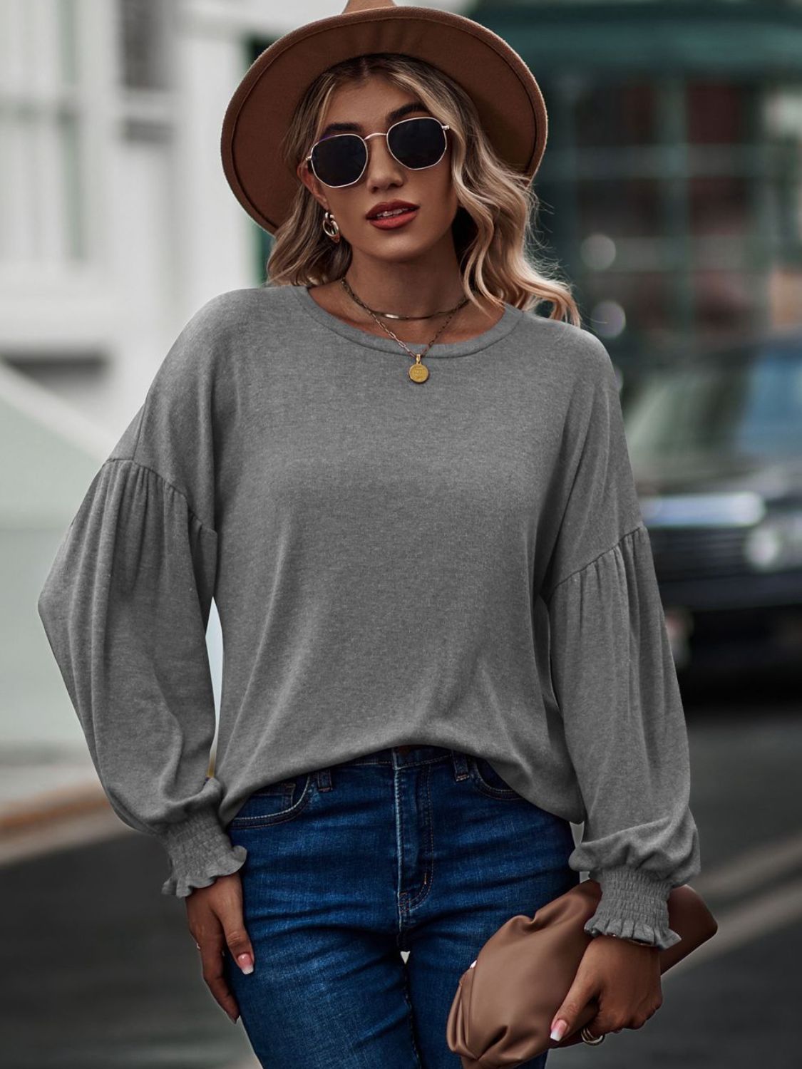 Round Neck Dropped Shoulder Flounce Sleeve T-Shirt - Light Gray / S - T-Shirts - Shirts & Tops - 10 - 2024