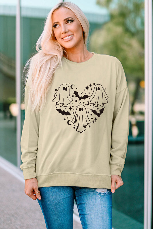Round Neck Dropped Shoulder Ghost Graphic Sweatshirt - Beige / S - T-Shirts - Shirts & Tops - 1 - 2024