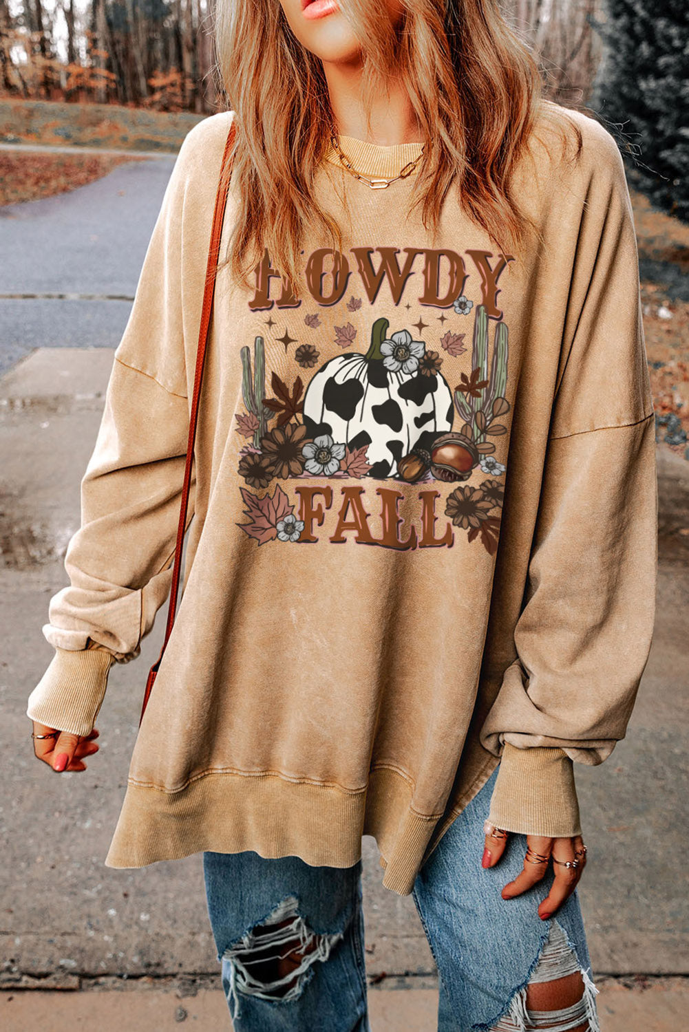 Round Neck Dropped Shoulder HOWDY FALL Graphic Sweatshirt - Brown / S - T-Shirts - Shirts & Tops - 1 - 2024