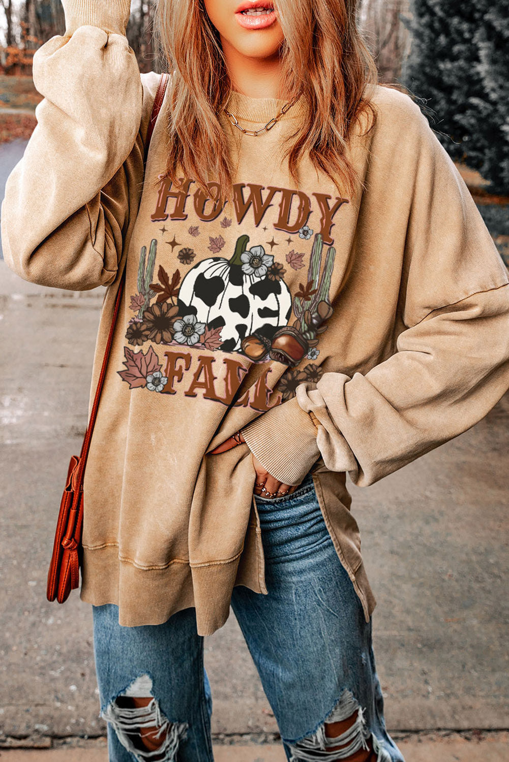 Round Neck Dropped Shoulder HOWDY FALL Graphic Sweatshirt - T-Shirts - Shirts & Tops - 3 - 2024