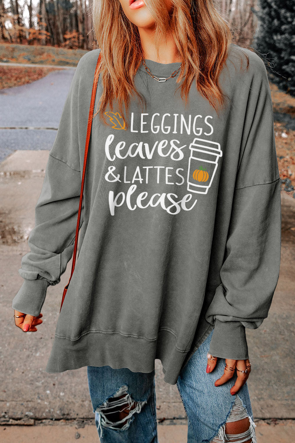 Round Neck Dropped Shoulder LEGGINGS LEAVES LATTES PLEASE Graphic Sweatshirt - Green / S - T-Shirts - Shirts & Tops - 1