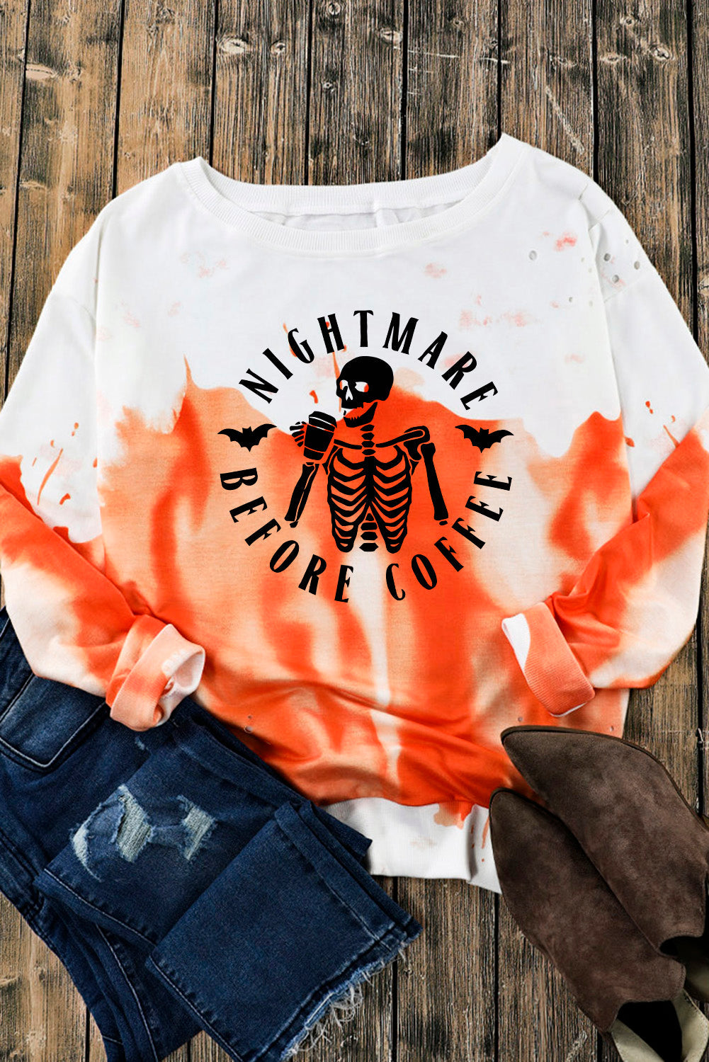 Round Neck Dropped Shoulder NIGHTMARE BEFORE COFFEE Graphic Sweatshirt - T-Shirts - Shirts & Tops - 4 - 2024