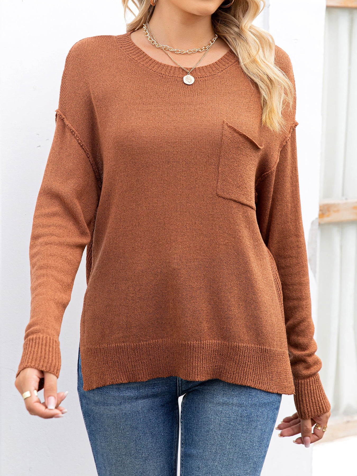 Round Neck Dropped Shoulder Slit T-Shirt - Brown / S - T-Shirts - Shirts & Tops - 6 - 2024