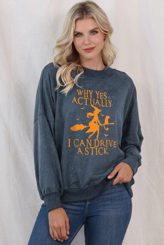 Round Neck Dropped Shoulder Witch Graphic Sweatshirt - Blue / S - T-Shirts - Shirts & Tops - 1 - 2024