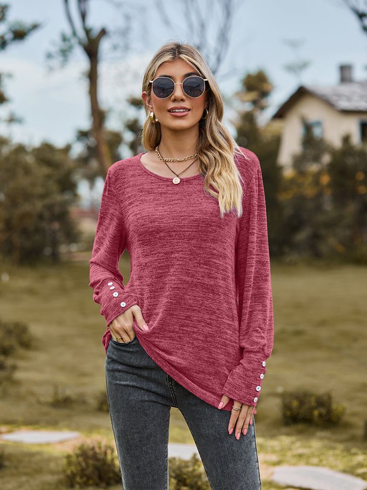 Round Neck Long Sleeve Buttoned T-Shirt - T-Shirts - Shirts & Tops - 3 - 2024