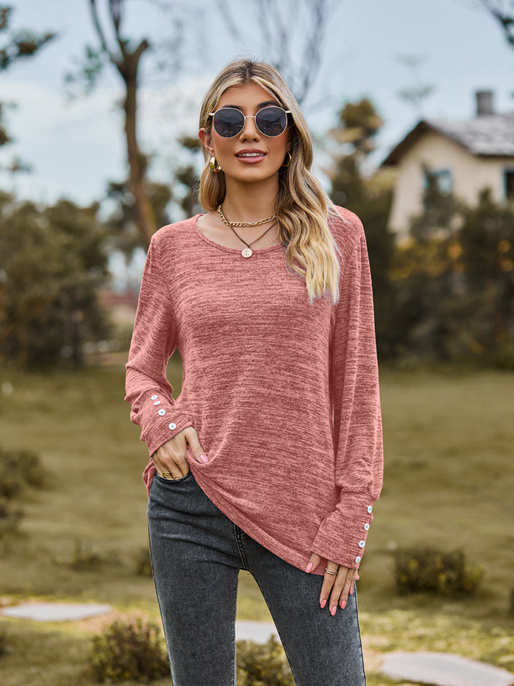 Round Neck Long Sleeve Buttoned T-Shirt - T-Shirts - Shirts & Tops - 8 - 2024