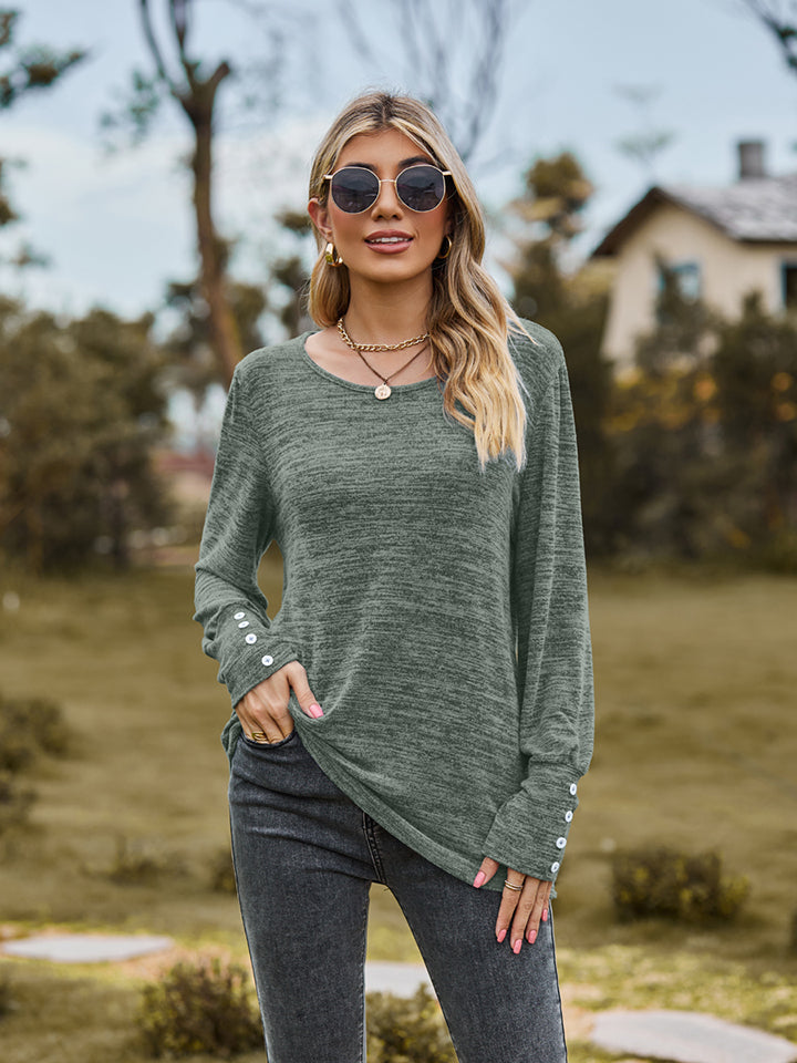 Round Neck Long Sleeve Buttoned T-Shirt - T-Shirts - Shirts & Tops - 14 - 2024