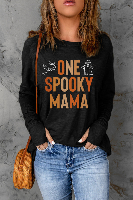 Round Neck Long Sleeve ONE SPOOKY MAMA Graphic T-Shirt - Black / S - T-Shirts - Shirts & Tops - 1 - 2024