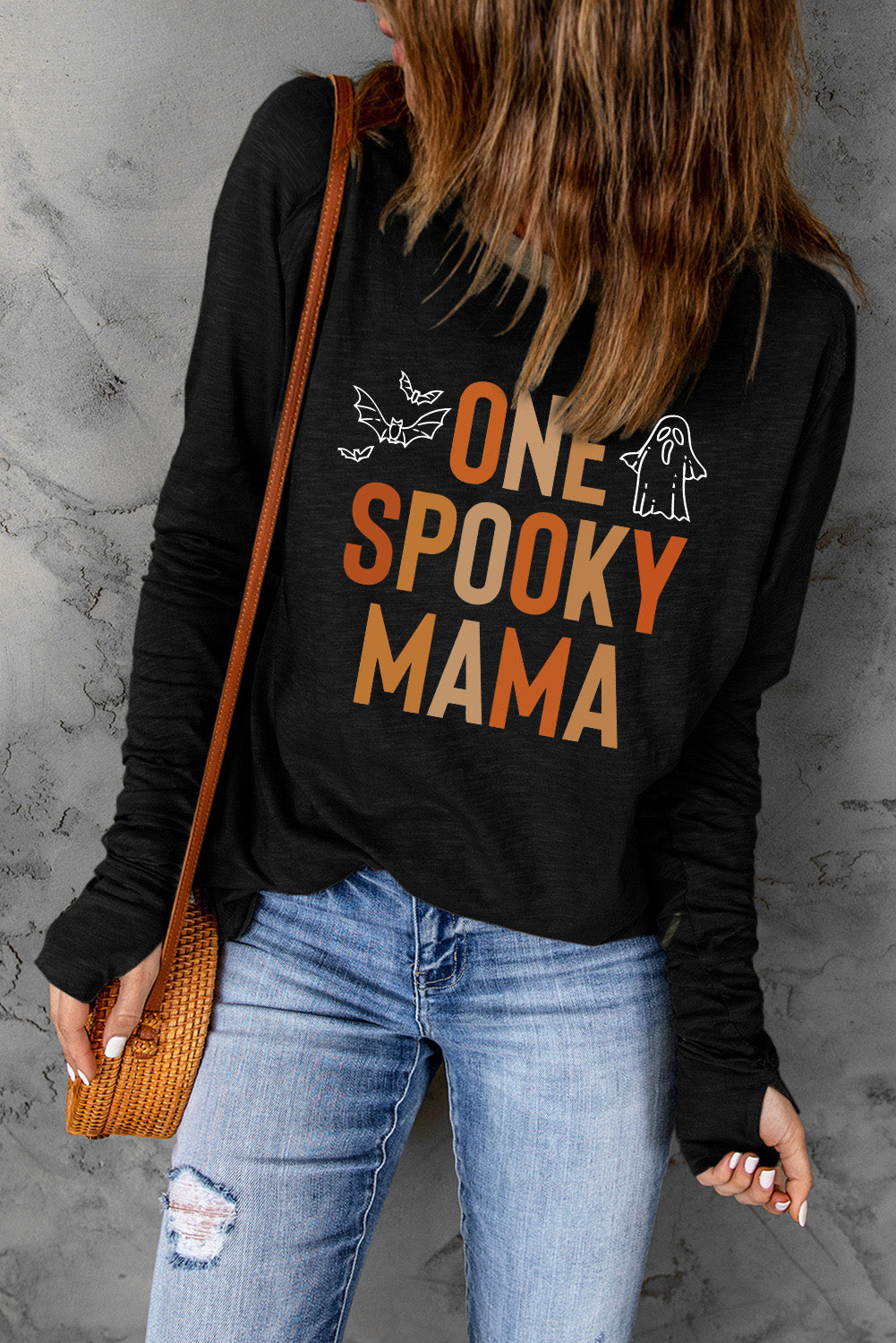 Round Neck Long Sleeve ONE SPOOKY MAMA Graphic T-Shirt - T-Shirts - Shirts & Tops - 4 - 2024