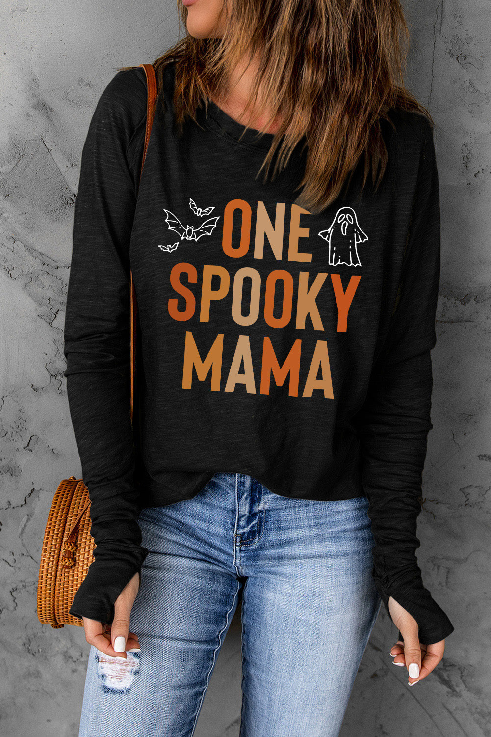 Round Neck Long Sleeve ONE SPOOKY MAMA Graphic T-Shirt - T-Shirts - Shirts & Tops - 3 - 2024
