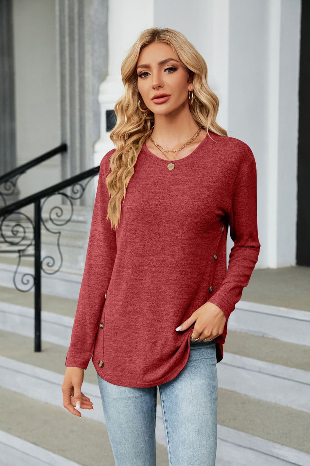 Round Neck Long Sleeve T-Shirt - Red / S - T-Shirts - Shirts & Tops - 13 - 2024