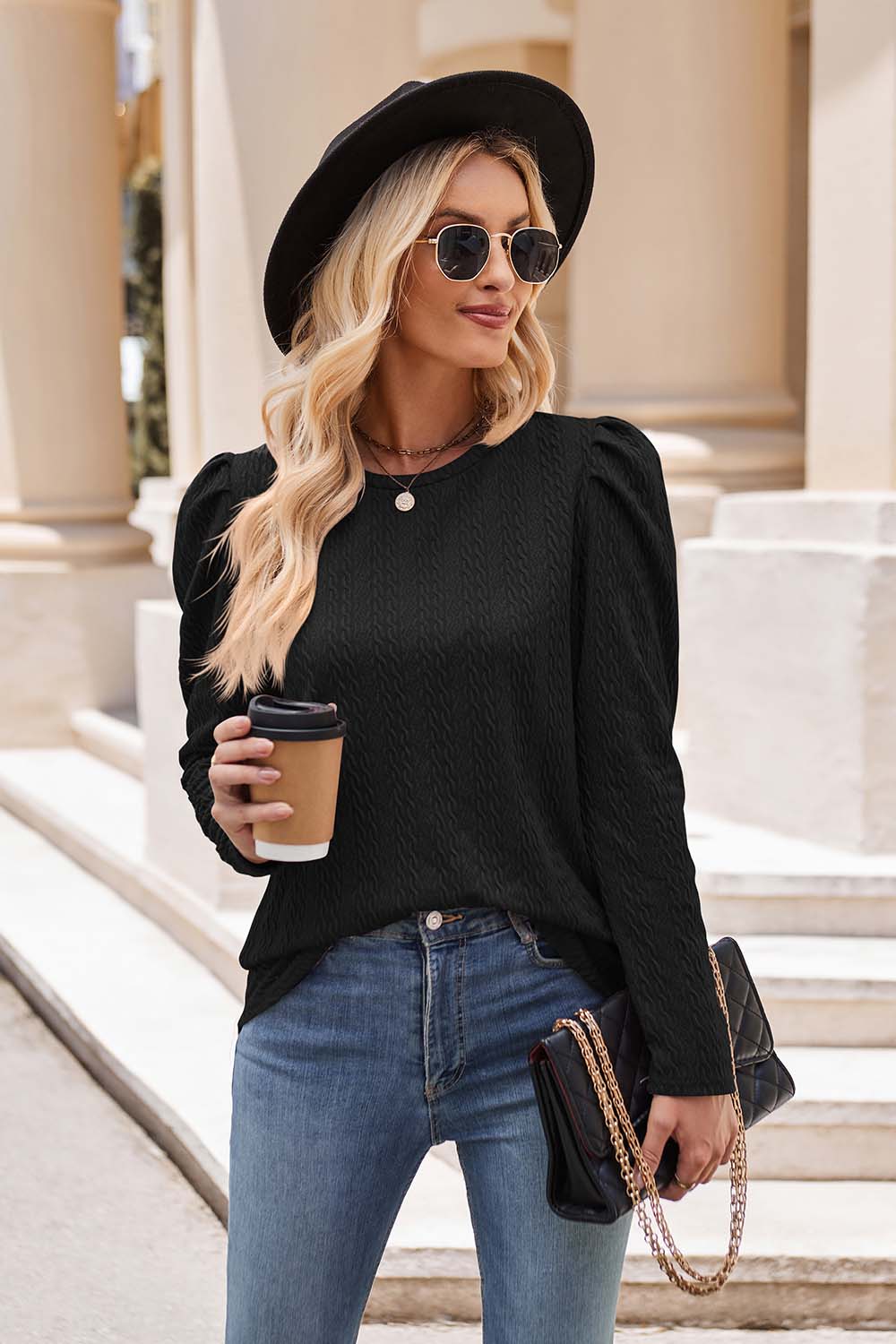 Round Neck Puff Sleeve Blouse - Black / S - T-Shirts - Shirts & Tops - 13 - 2024