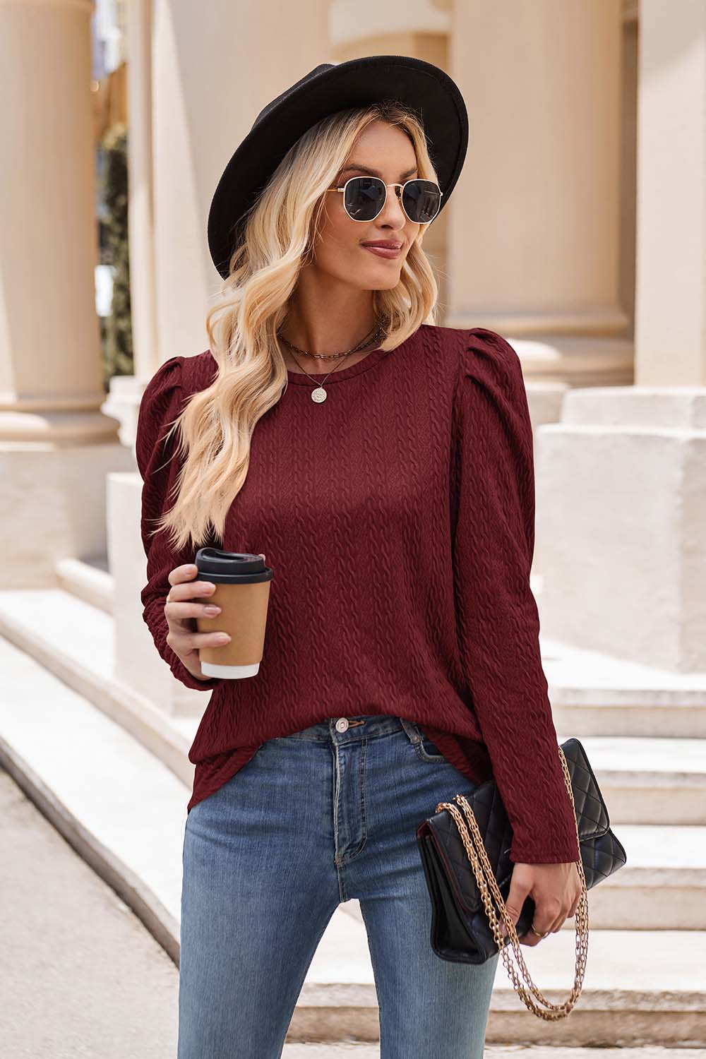 Round Neck Puff Sleeve Blouse - Dark Red / S - T-Shirts - Shirts & Tops - 7 - 2024