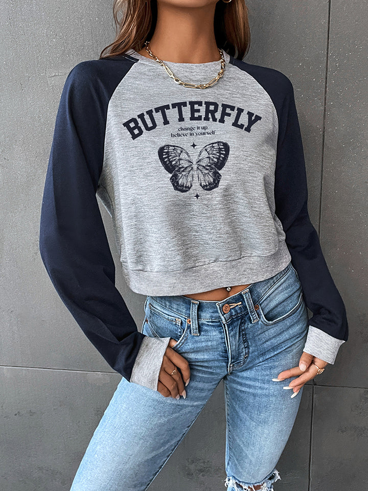 Round Neck Raglan Sleeve Butterfly Graphic Sweatshirt - T-Shirts - Shirts & Tops - 3 - 2024