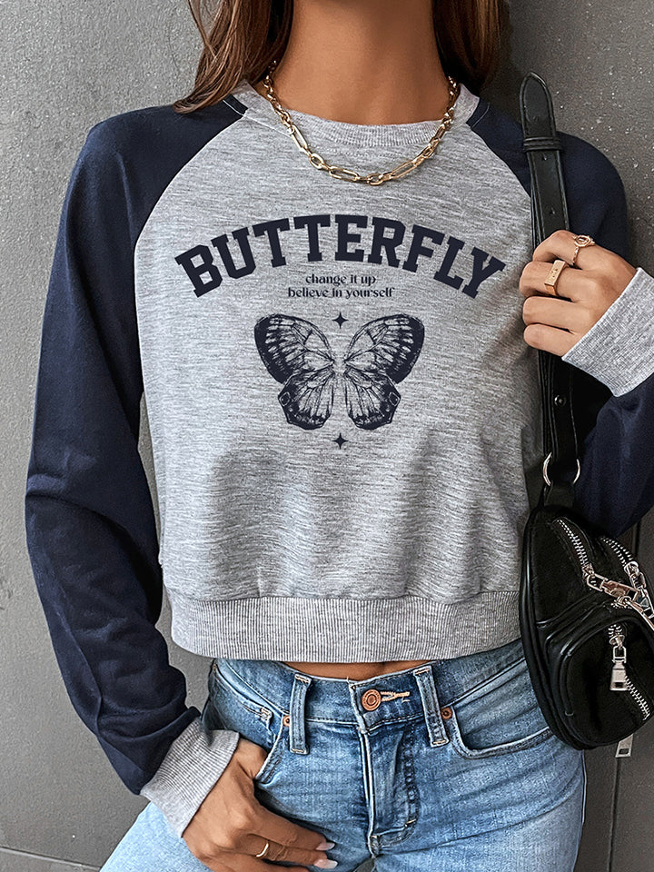 Round Neck Raglan Sleeve Butterfly Graphic Sweatshirt - T-Shirts - Shirts & Tops - 4 - 2024