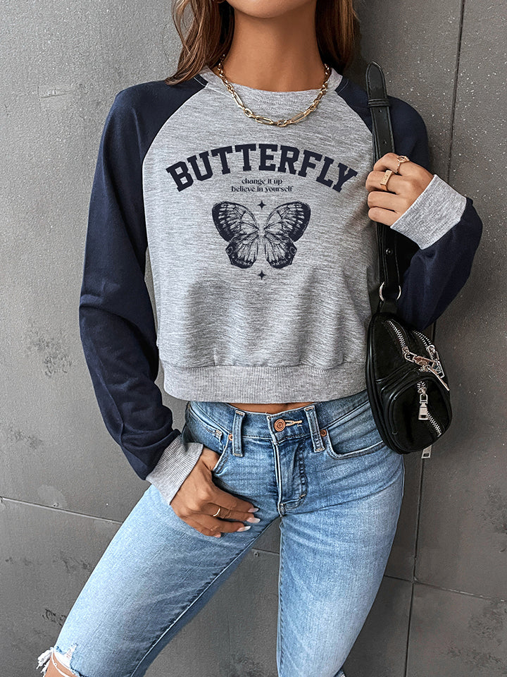 Round Neck Raglan Sleeve Butterfly Graphic Sweatshirt - Light Blue / XS - T-Shirts - Shirts & Tops - 1 - 2024