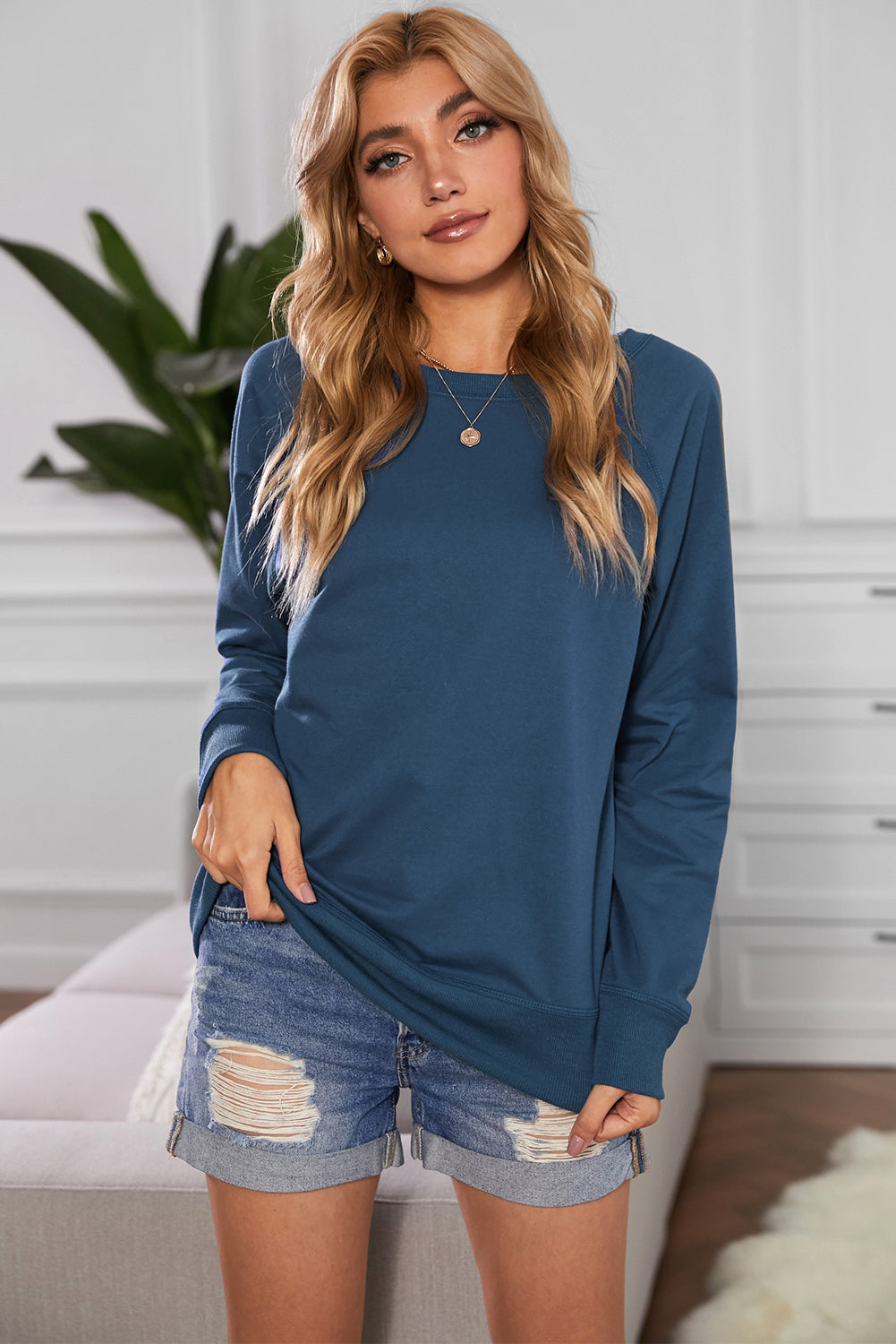 Round Neck Raglan Sleeve Exposed Seam Sweatshirt - Dark Blue / S - T-Shirts - Shirts & Tops - 12 - 2024