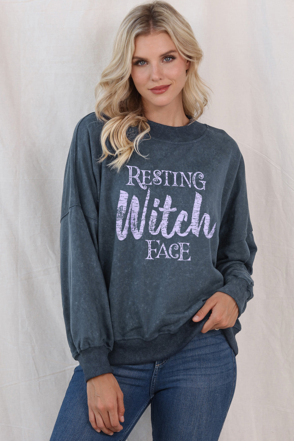 Round Neck RESTING WITCH FACE Graphic Sweatshirt - Blue / S - T-Shirts - Shirts & Tops - 1 - 2024