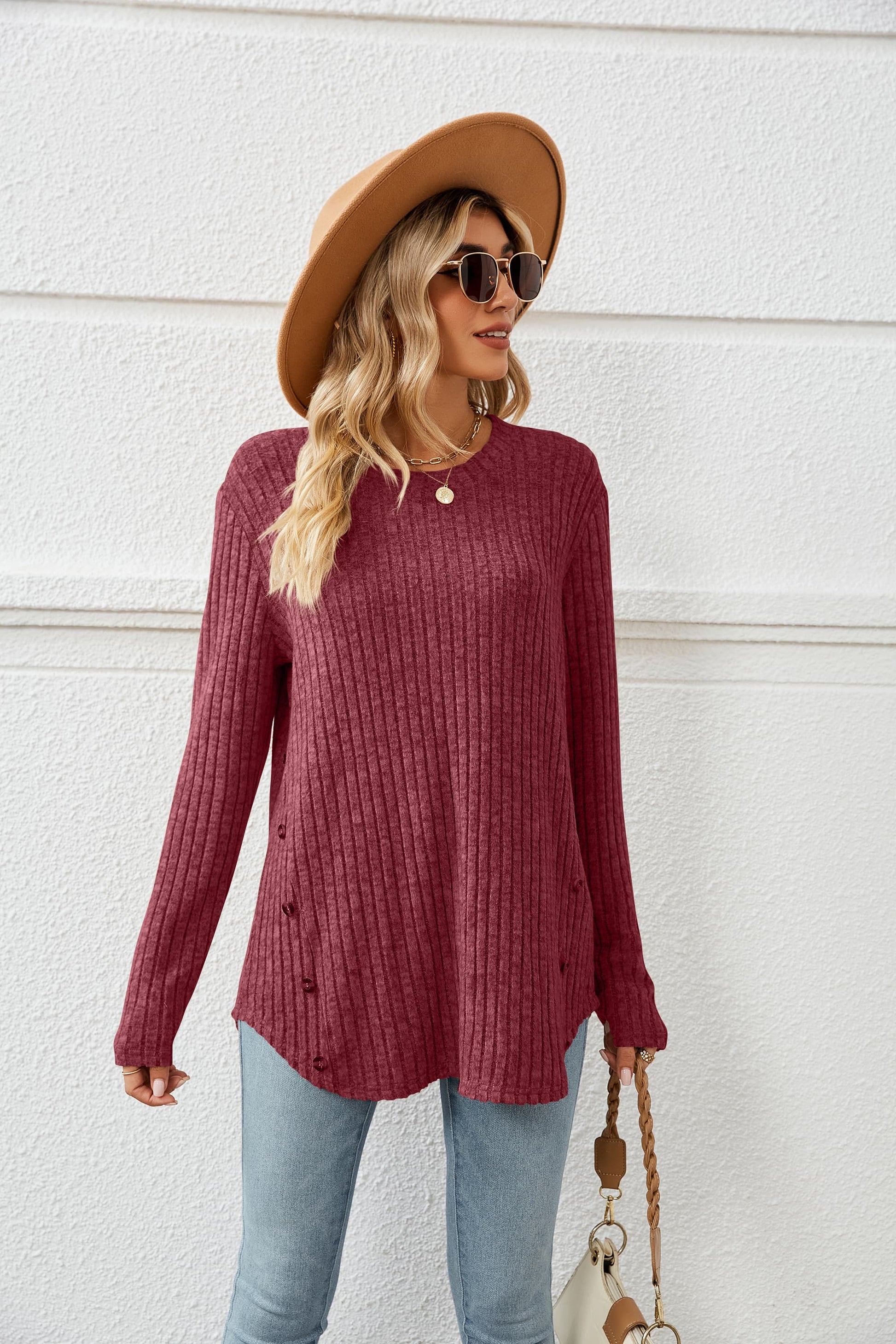 Round Neck Ribbed Long Sleeve T-Shirt - Red / S - T-Shirts - Shirts & Tops - 10 - 2024
