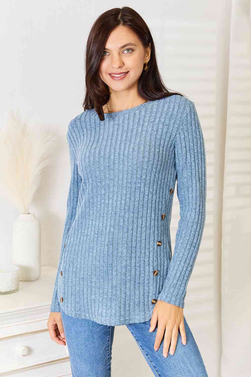 Round Neck Ribbed Long Sleeve T-Shirt - Misty Blue / S - T-Shirts - Shirts & Tops - 1 - 2024