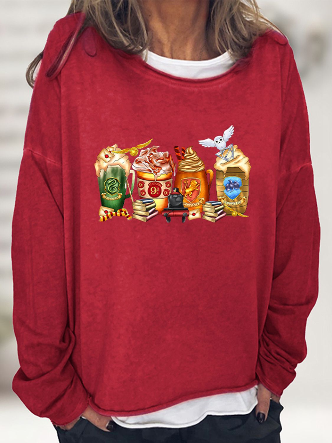 Round Neck Roll Hem Halloween Sweatshirt - Red / S - T-Shirts - Shirts & Tops - 19 - 2024