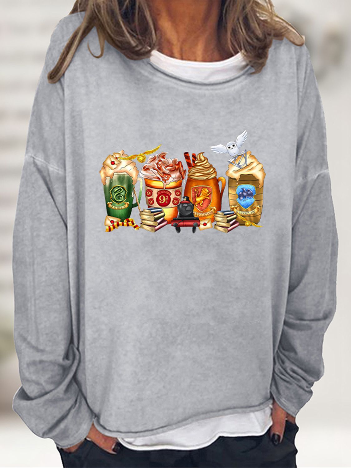 Round Neck Roll Hem Halloween Sweatshirt - Light Gray / S - T-Shirts - Shirts & Tops - 10 - 2024
