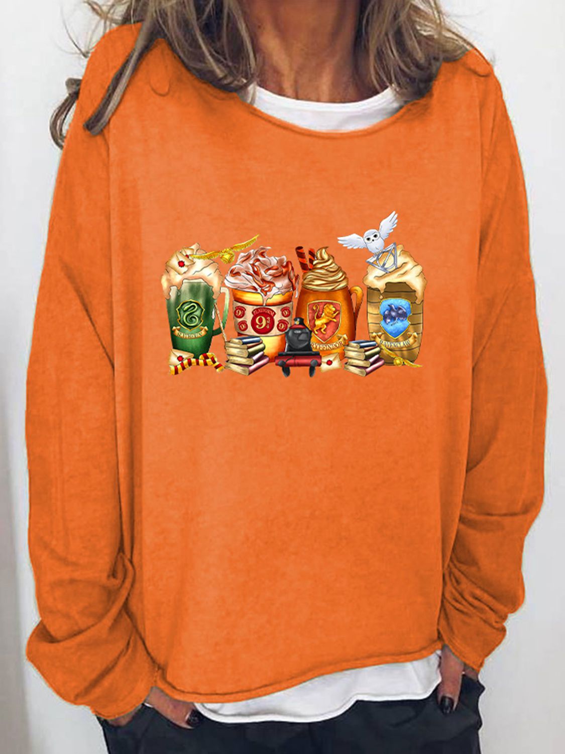 Round Neck Roll Hem Halloween Sweatshirt - Orange / S - T-Shirts - Shirts & Tops - 1 - 2024