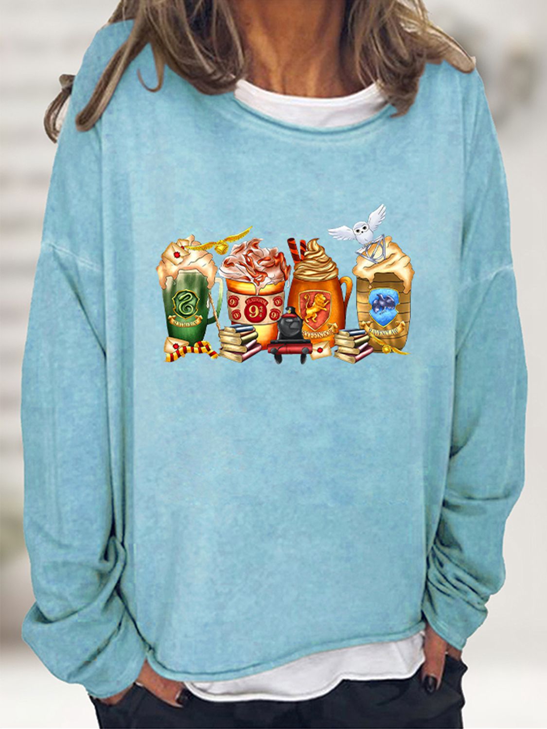 Round Neck Roll Hem Halloween Sweatshirt - Light Blue / S - T-Shirts - Shirts & Tops - 16 - 2024