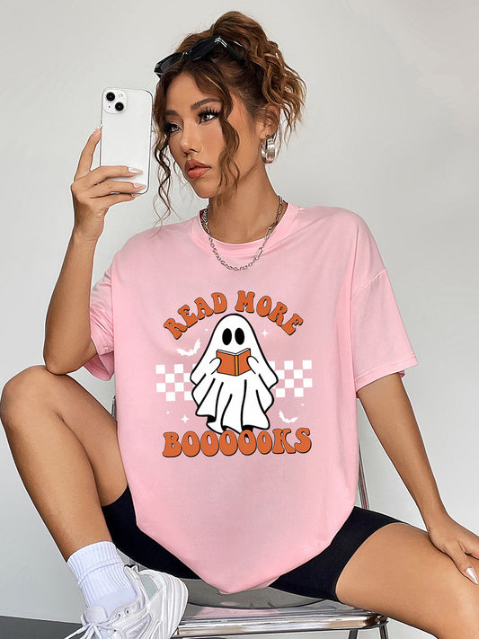 Round Neck Short Sleeve Ghost Graphic T-Shirt - Pink / S - T-Shirts - Shirts & Tops - 1 - 2024