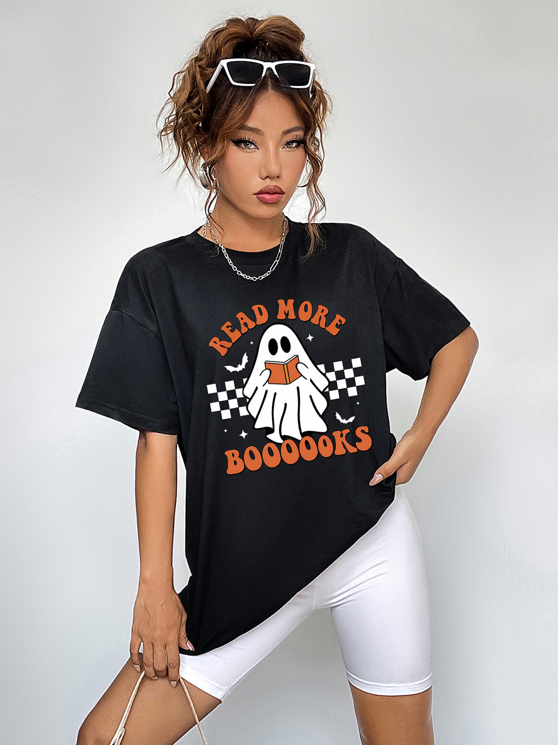 Round Neck Short Sleeve Ghost Graphic T-Shirt - T-Shirts - Shirts & Tops - 5 - 2024