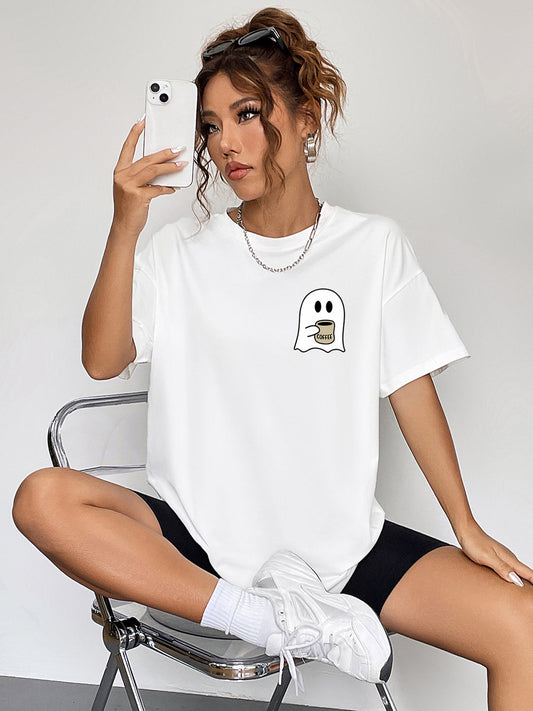 Round Neck Short Sleeve Ghost Graphic T-Shirt - White / S - T-Shirts - Shirts & Tops - 1 - 2024