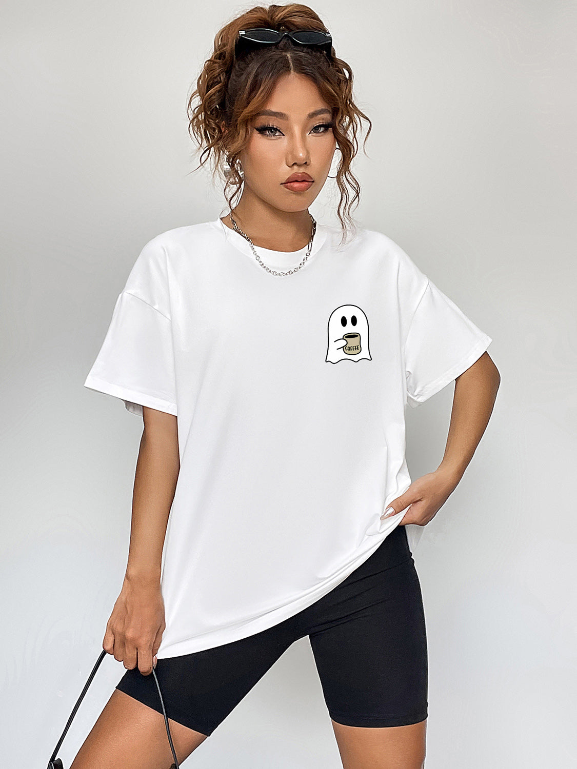 Round Neck Short Sleeve Ghost Graphic T-Shirt - T-Shirts - Shirts & Tops - 3 - 2024